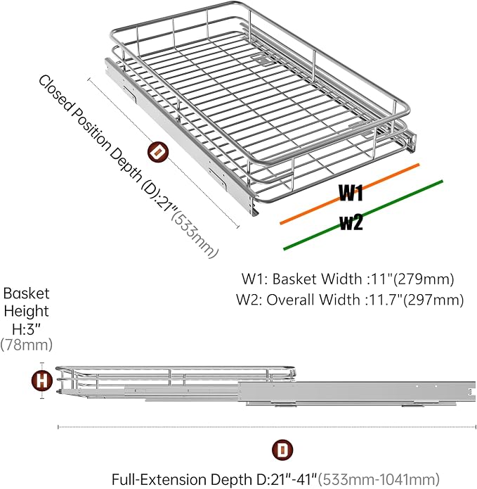 Pull Out Shelves For Kitchen Cabinets 11" W x 21" D, Chrome | Heavy-Gauge Wire Kitchen Cabinet Organizer, 100 lbs Capacity, Ball-Bearing Glides, Min 12" Opening, Under Sink Organizer - Image 3