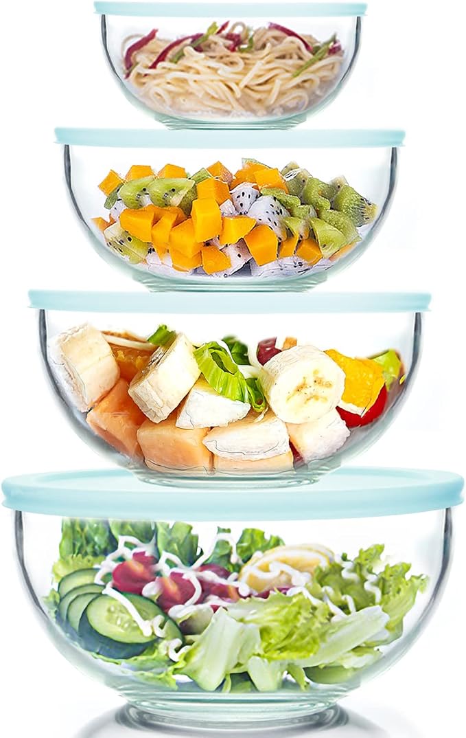 WhiteRhino 8 Piece Glass Bowls with Lids, Heat Resistant Glass Mixing Bowls Set (3.7QT, 2.1QT, 1.1QT, 0.53QT), Clear Salad Bowls with BAP-Free Lids for Kitchen, Oven Microwave Dishwasher Safe by WhiteRhino