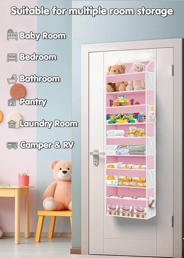 TAHAVICE Over the Door Organizer with Clear PVC Windows & 10 Mesh Pockets | 5-Tier Hanging Storage, Cute Closet Organizer for Makeup, Perfume, Toys, Perfect Pink Room Decor for Girl - Image 4