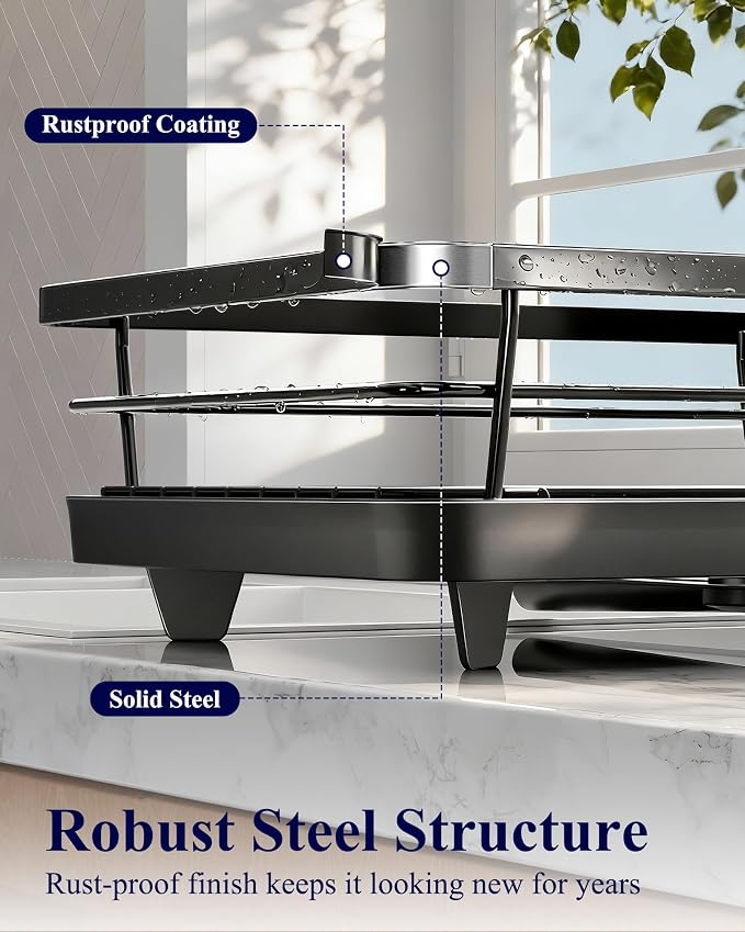 Kitsure Dish Drying Rack for Kitchen Counter, 12''W x 15.5''L, Black | Stainless Steel Sink Organization, Cutlery Holder, Home and Appartment Decor - Image 6