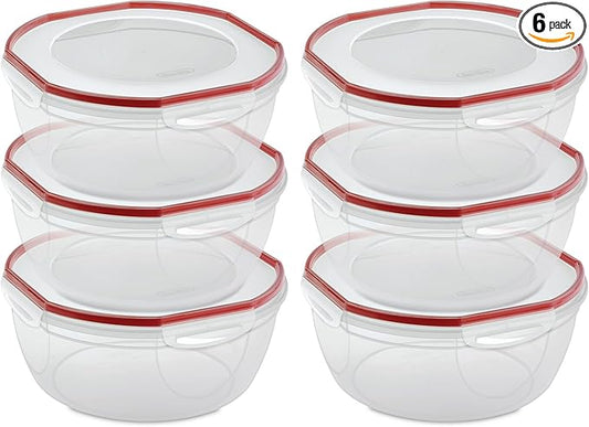 Sterilite Ultra-Seal 8.1 Qt Bowl, Large Airtight Food Storage Container, Latching Lid, Microwave and Dishwasher Safe, Clear With Red Gasket, 6-Pack by Sterilite