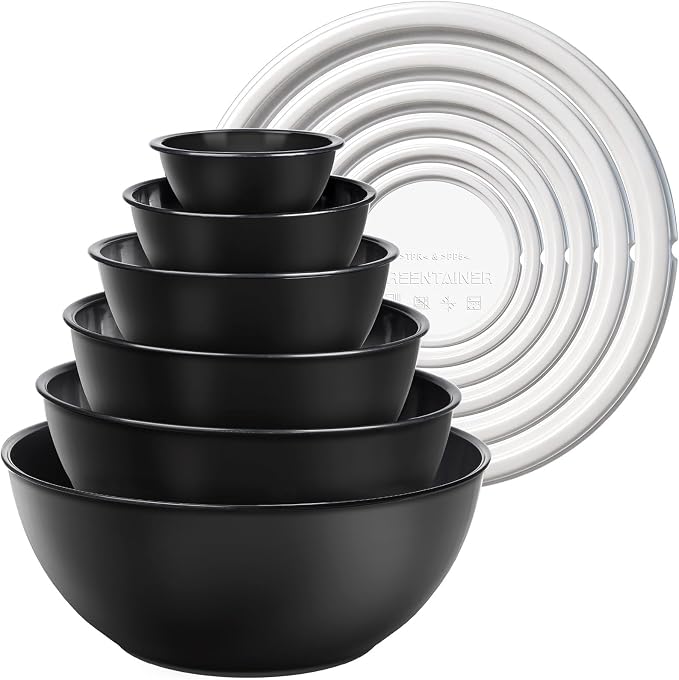 Greentainer Plastic Mixing Bowls with Lids Set 12 Piece Colorful Mixing Bowl Set for Kitchen - Nesting Bowls with Lids Set, 6 Prep Bowls and 6 Lids - Microwave and Freezer Safe(Black) by Greentainer