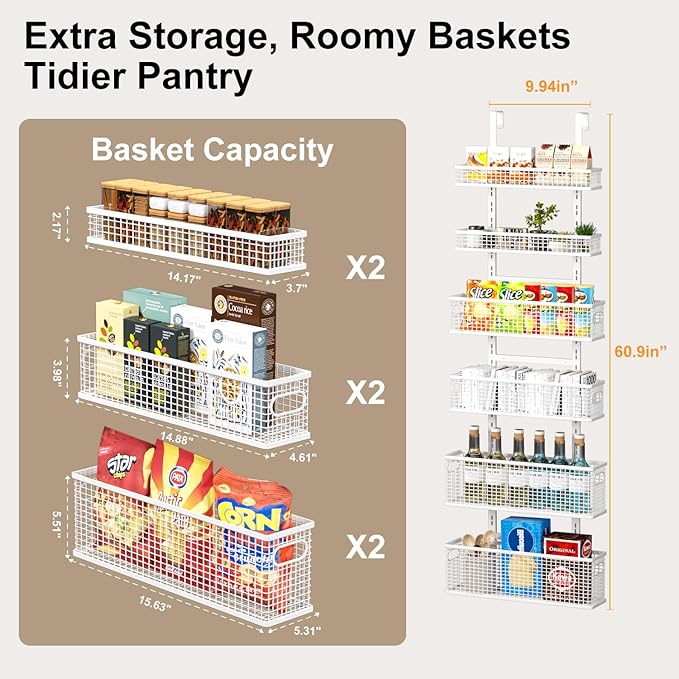 6-Tier Over The Door Pantry Organizer,Hanging Spice Rack,Grid Basket,White | Height Adjustable,Easy Grip Handle,Large Capacity,For Pantry Door,Laundry Room,Bathroom,Kitchen,D5.3xW15.7xH60.9in - Image 5