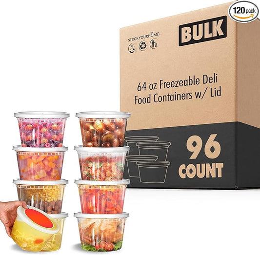 Stock Your Home 64 oz Plastic Deli Containers with Lids (96 Pack), Half Gallon Reusable Freezer and Food Storage Containers, Microwave Safe by StockYourHome