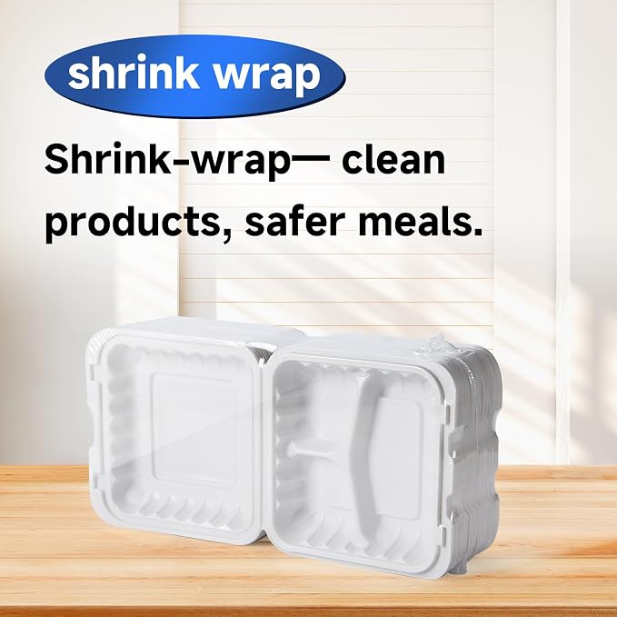 7.8" 30oz 3 Compartment Food Containers - Shrink Wrap Ready to Use | 65 Pack Mineral Filled PP Clamshell | BPA Free Freezer Microwave Safe | Reusable White Lunch Box for Leftovers, Take Out - Image 2