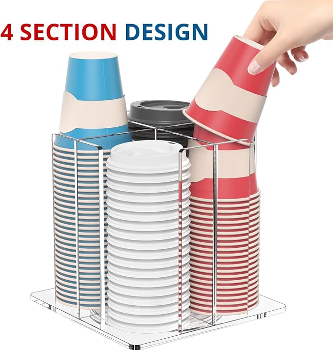 KOTEMON Cup and Lid Holder, 4 Compartment, Square | Rotating Coffee Cup Dispenser Lid Carousel for Restaurant, Buffet, Coffee Station, Bar, Countertop, Clear Acrylic - Image 3