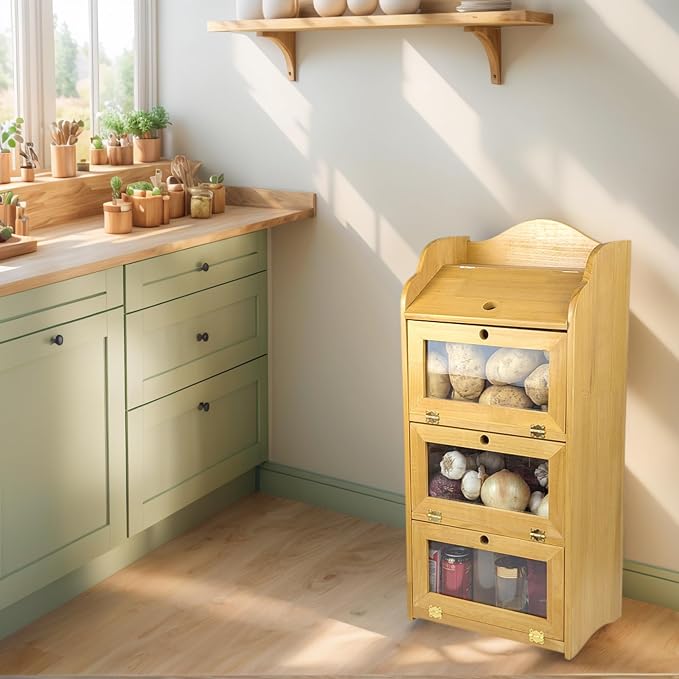 ARTAWEIN Onion and Potato Storage Bin Box Farmhouse Fruit and Vegetable Storage Small Food Kitchen Pantry Cabinet for Snack Large Bread Box for Homemade Bread Black Potato Bins - Image 7
