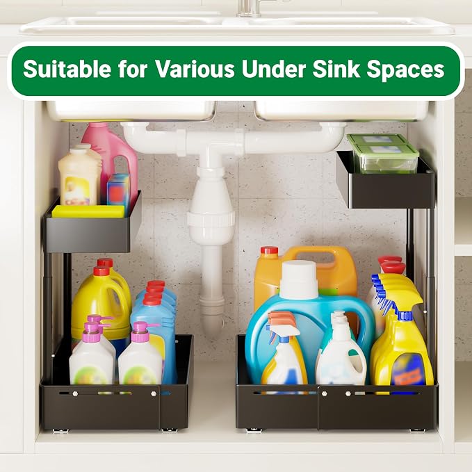 Pull Out Under Sink Organizer 2 Pack, 2 Tier Expandable Under Cabinet Storage with Height Adjustable Design for Kitchen Bathroom Laundry Room - Image 3