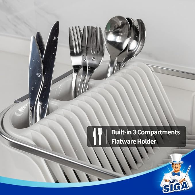 MR.SIGA Dish Drying Rack for Kitchen Counter, Compact Plastic Dish Drainer | Kitchen drying rack for dishes, cups, knives, spoons and forks, removable drainboard - Image 5