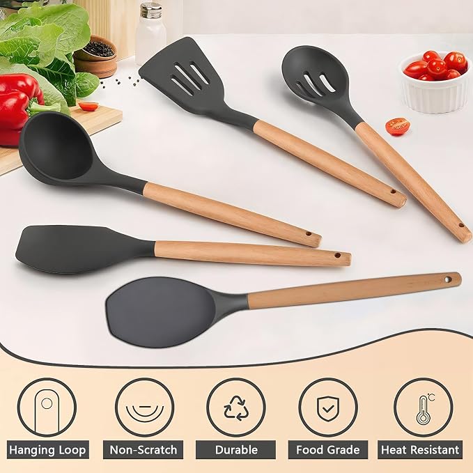 Silicone Cooking Utensils Set 5-Piece Non-Stick Kitchen Utensil Set, Wood Handle Heat Resistant Spatula Spoon Turner Soup Ladle Silicone Cooking Kitchen Gadgets BPA Free for Nonstick Cookware - Image 6