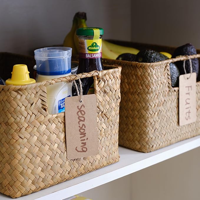 YANGQIHOME Woven Seagrass & Iron Wire Storage Baskets Set of 3 with Lids 4 Pack - Brown - Image 6