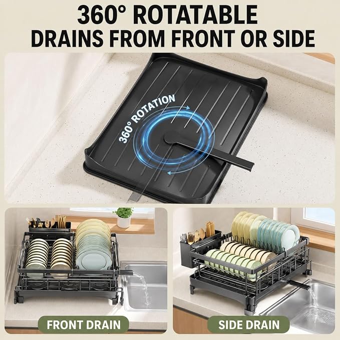 2 Tier Dish Drying Rack, Expandable Dish Rack for Kitchen Counter with 360° Swivel Auto Drain Spout, Large Capacity Dish Drainer with Detachable Utensil Holder, Carbon Steel Kitchen Organizer - Image 6