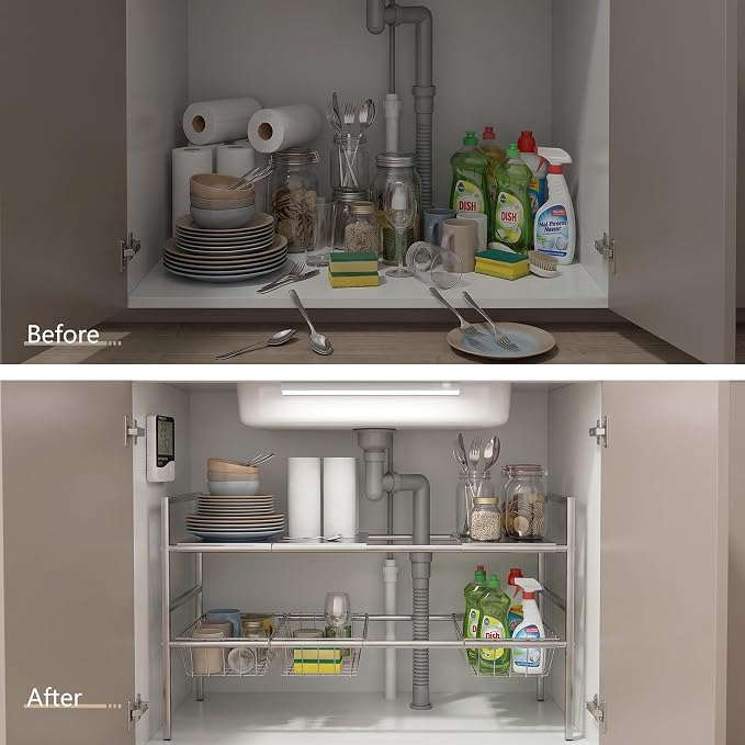 Under-Sink Organizer 2-Tier Expandable Cabinet Storage (4 panels 4 baskets) | LED Motion-Sensing Auxiliary Lighting Dial Thermometer Stainless Steel Telescopic & Adjustable Rust-Resistant - Image 6