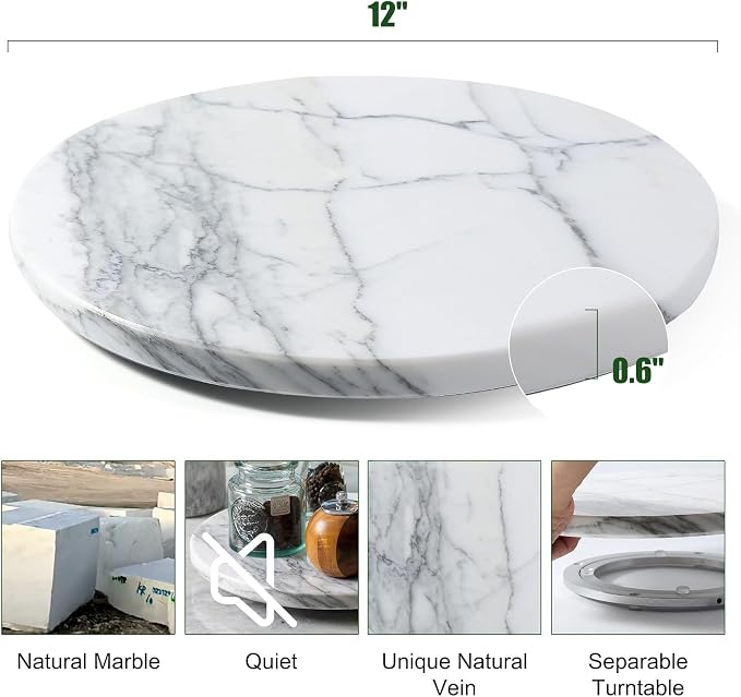 Marble Lazy Susan, 12” Lazy Susan for Table Top Detachable Turntable Organizer for Cabinet Pantry Kitchen Countertop Fridge Bathroom Makeup Vanity Countertop, Arabescato - Image 2