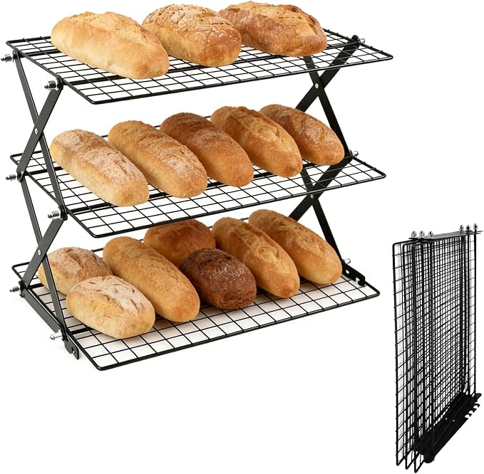 3 Tier Collapsible Cooling Rack Sourdough Cooling Rack 17"x10" | Cooling Racks for Cooking and Baking, Roasting, Grilling, Adjustable 6 Setting Design stackable, Oven & Dishwasher Safe by JINANJUNGU