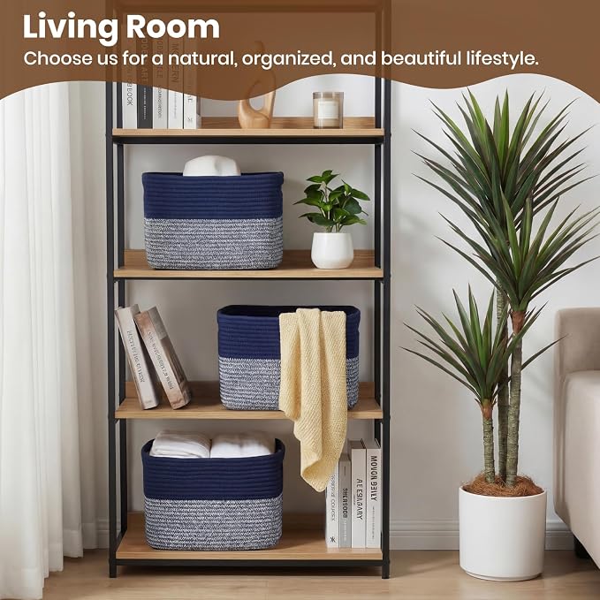 Storage Baskets for Organizing, 14 x 10 x 9” Closet Shelf Woven Baskets, Square Bins with Handles, Cotton Rope Basket for Clothes, Office, Room, Grey+Blue 1 Pack - Image 3