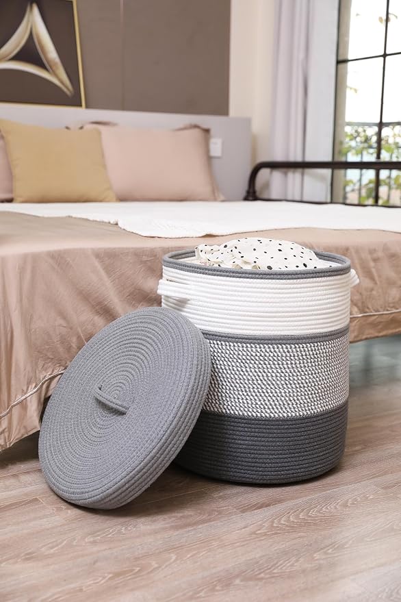 16" x 16" x 18" Extra Large Storage Basket with Lid, Cotton Rope Storage Baskets, Laundry Hamper, Cloth Bin, for Clothes Towels Blankets Pillows Storage in Living Room, White/Grey Mix/Dark Grey - Image 3