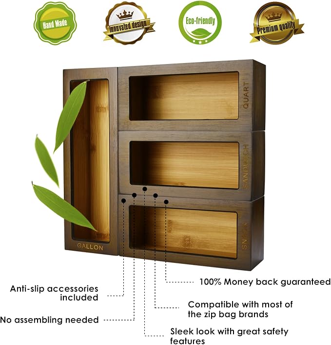 Bamboo Food Bag Organizer for Kitchen Drawer, Baggie organizer, Compatible with Gallon, Quart, Sandwich and Snack Variety Size Bags (4 Piece Set) (Vintage Brown) - Image 6
