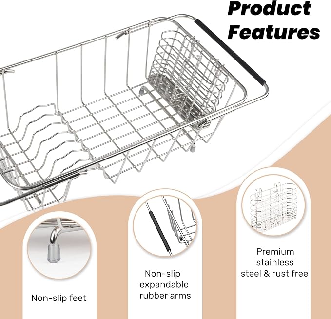 Sink Dish Drainer Rack, Expandable Stainless Steel Dish Drying Rack | 304 Stainless Steel Sink Rack with Utensil Holder, Adjustable 14.96"-20.59", Fits Inside Sink, Holds Up to 7 Upright Utensils - Image 5
