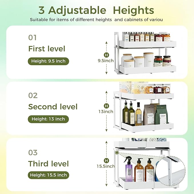 Abalter Expandable Pull Out Cabinet Organizer, 2-Tier Slide Out Drawer for Kitchen Cabinets, Adjustable Width 12–18.5", Slide Out Shelves for Kitchen, Bathroom, Pantry, Heavy Duty Caddy(White) - Image 6