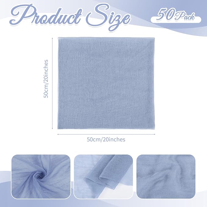 Dusty Blue Cheesecloth Napkins - Bulk Set of 50, 20x20 Inch Washable and Reusable Boho Cotton Gauze Cloth Napkins for Weddings, Bridal Girl Baby Shower, Party and Banquet - Image 2