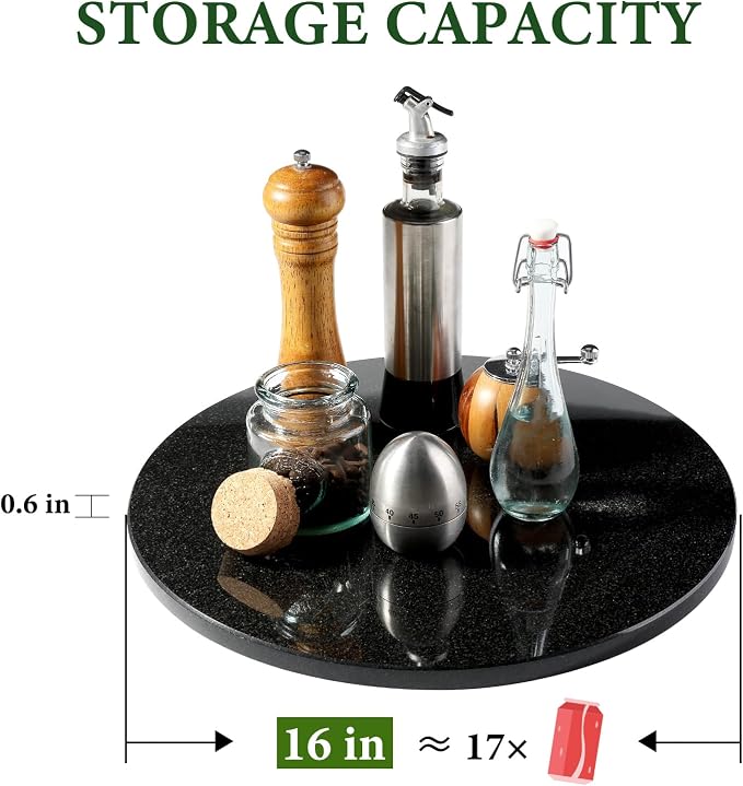 Black Marble Lazy Susan for Kitchen Counter, 16'' Marble Turntable for Dinning, Lazy Susan Organizer for Cabinet, Serving Rotation Spinning Tabletop Organizer Swiveling, Spice Rack Storage - Image 3