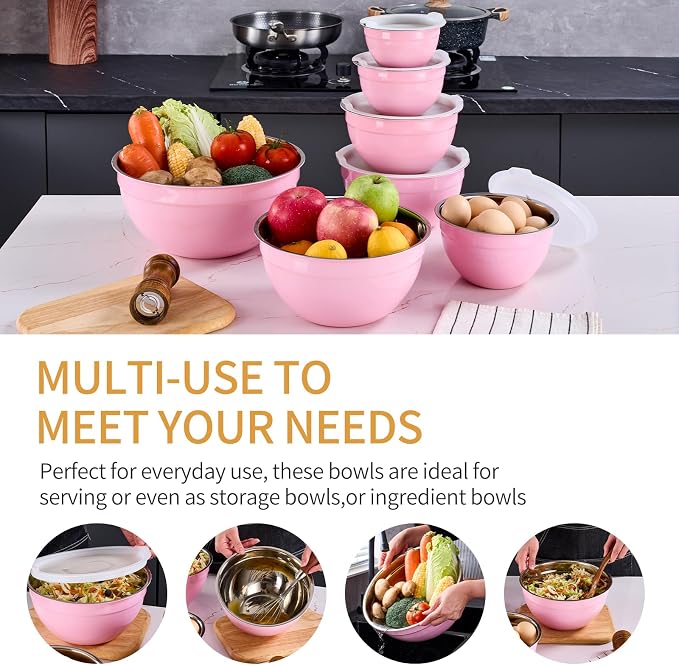 Pink Mixing Bowls With Airtight Lids,Stainless Steel Bowl,Salad Bowls 7 Piece Colorful Nesting Bowl Pink Kitchen Accessories,Size 7,3.6,2.7,2.1,1.5,1.1,0.8QT Stackable Design - Image 5