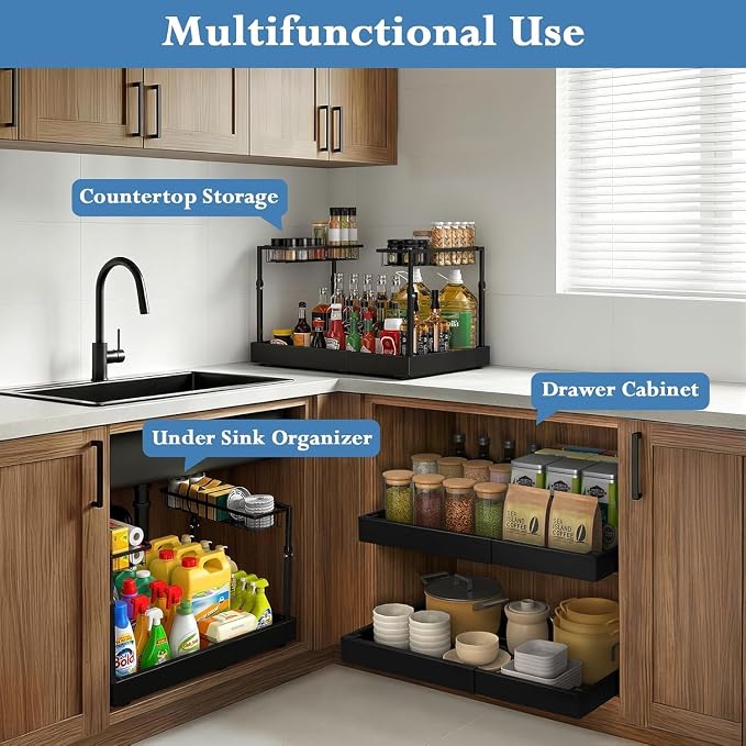 Aisslro Under Sink Organizer, 2 Tier Pull Out Cabinet Organizer, Expandable & Adjustable Slide Out Shelf 17.9''–29.5'', Under Sink Storage for Kitchen Bathroom Laundry Cabinet Storage, Black - Image 7