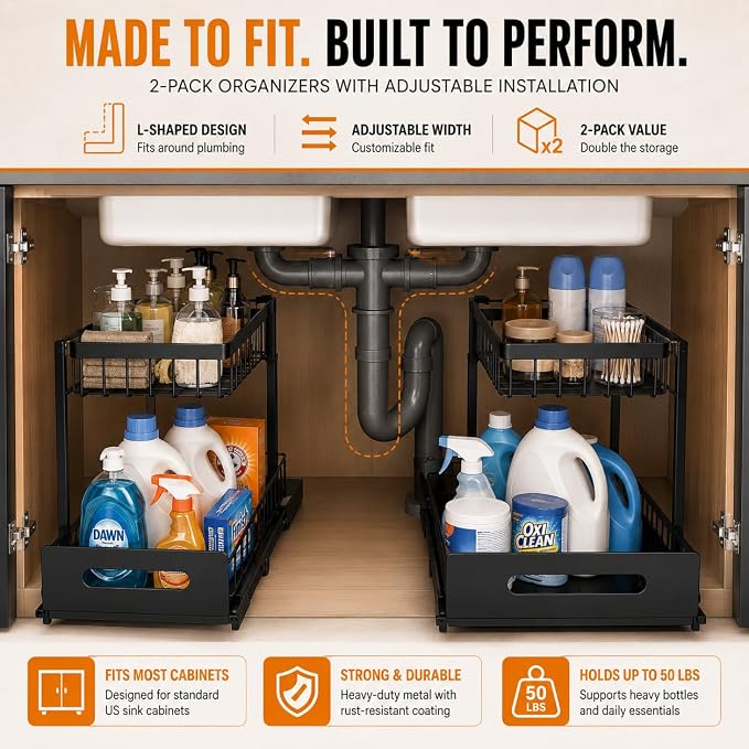 Highline Supply Under Sink Organizer, Kitchen Pantry Bathroom Organization | 2-Pack Organizer, Sliding Pull-Out Cabinet Organizing Rack, Metal Made for Durability, Black - Image 7