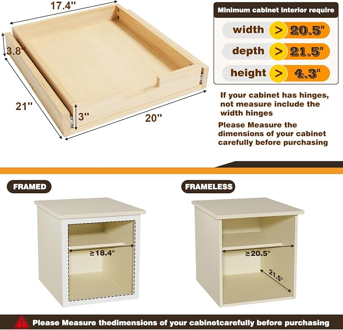Pull Out Cabinet Organizer, 20''W×21''D Sliding Drawers for Cabinets, 1 Tier Soft Close Slide Out Wooden Pull out Drawers, Base Cabinet Organization for Kitchen, Pantry, Bathroom - Image 3
