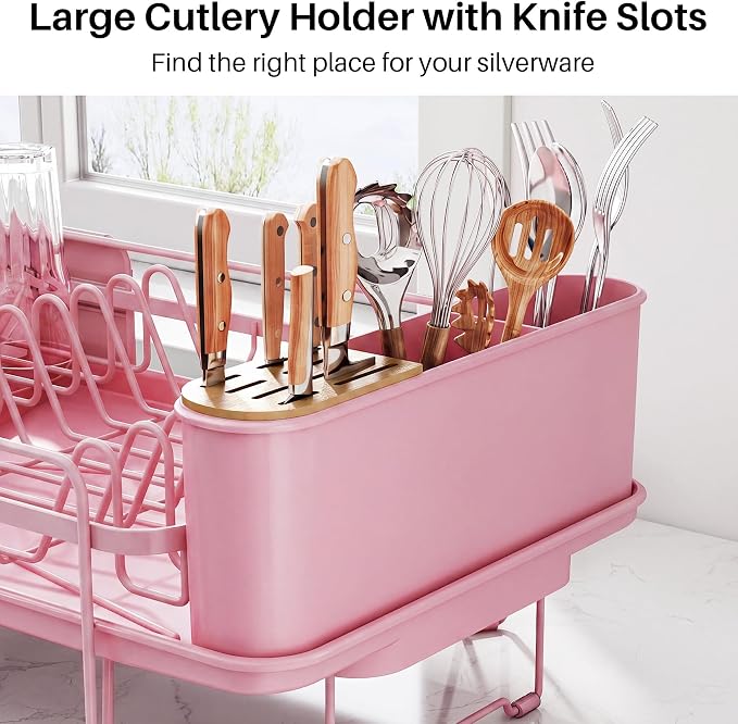 SNTD Large Dish Drying Rack for Kitchen Counter, Expandable, Pink | Stainless Steel Dish Drainer, Adjustable Length 18.9''-29.3'', Automatic Drainage, 360° Spout, Cutlery Holder with Knife Slot - Image 9