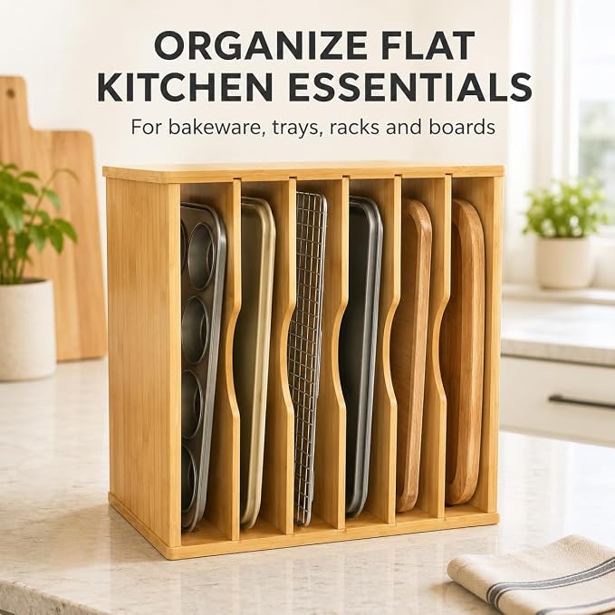 7 Tier Wooden Tray Dividers for Cabinets, Cookie Sheet Organizer | Sheet Pan Organizer for Cabinet, Baking Sheets, Cutting Boards and Pans, Space-Saving Kitchen Organization - Image 7