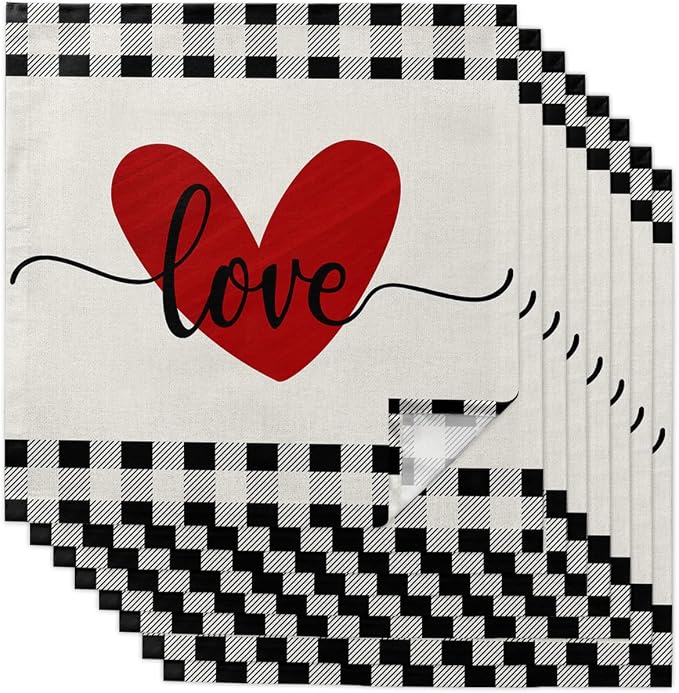 Kitchen Cloth Napkins 8 Pack Reusable Dinner Napkins Love Valentines Red Heart Black White Buffalo Plaid Linen Soft Smooth Fabric Table Napkin for Wedding Banquet Party Decoration (20x20 Inches) by T%26H+XHome