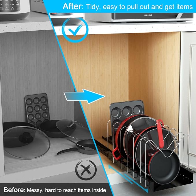 4 Adjustable Dividers Pull Out Pots and Pans Organizers | Optional Dividers Sliding Pot Lid Holder in Kitchen and Slide Out Cabinet Storage of Lids, Bakewares and Pots - Image 8