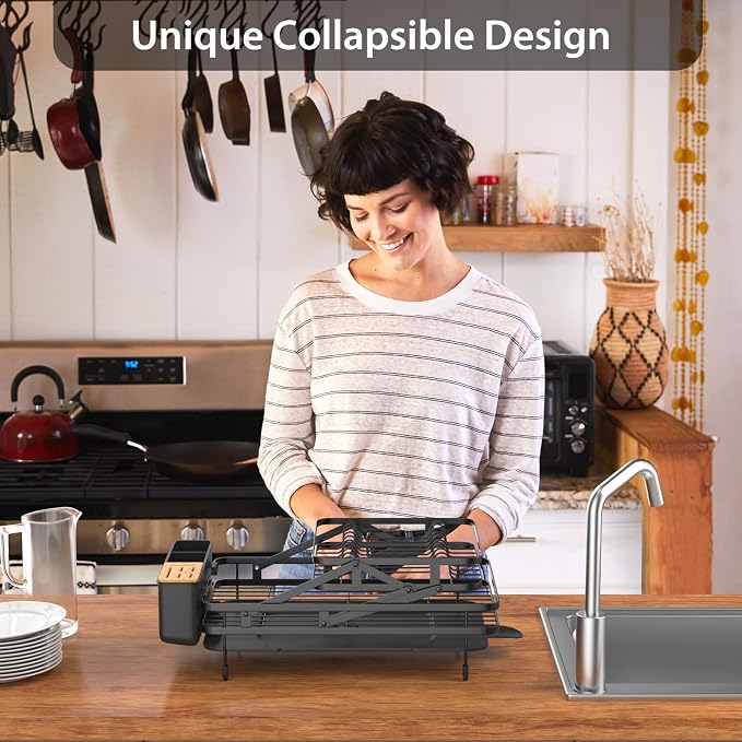 GOFLAME Dish Drying Rack with Drainboard, Collapsible 2-Tier Dish Rack and Drainboard Set with Removable Drip Tray, 360° Swivel Spout, Utensil Holder, Large Capacity Dish Drainer for Kitchen Counter - Image 8
