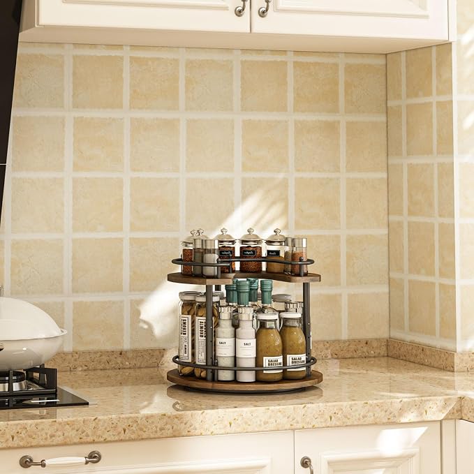 2 Tier Lazy Susan Organizer,2-Tier Spinning Spice Rack with Stable Carousel Base & 4 Height Settings for Cupboard Kitchen Countertop Dining Table Cupboard (Round) - Image 8