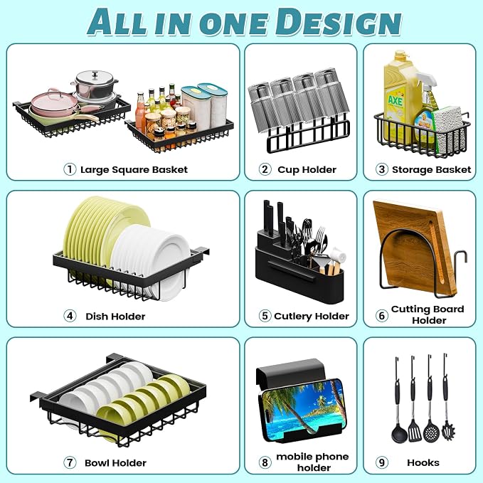 ADBIU Over The Sink Dish Drying Rack (Expandable Height and Length) Snap-On Design 2 Tier Large Dish Rack (27-40L x 12W x 32.5-37H (inches)) - Image 4