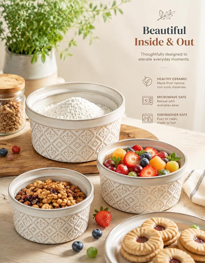 Airtight Food Storage Containers with Lids Mixing Bowls Set, Ceramic Serving Bowls with Lids Set of 4, 12/16/28/40 oz Stackable Nesting Salad Bowls for Cooking, Baking, Ramen - Beige - Image 3