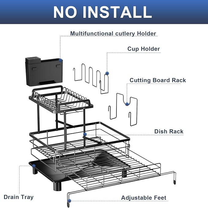 2 Tier Dish Drying Rack - Expandable Dish Rack Over Sink, 304 Stainless Steel Dish Rack for Kitchen Counter, Dish Drainer w Utensil Holder, Drainboard & Cups Holder, Anti-Rust & Space Saving - Image 2