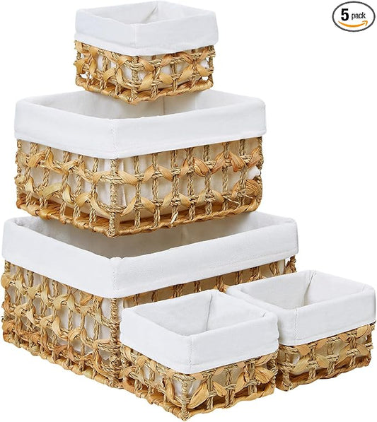 Wicker Storage Basket, Rectangular Wicker Baskets for Storage, Woven, Water Hyacinth and Seagrass Storage Baskets for Organizing, Cube Storage Bins for Closet/Clothes/Dresser, Beige, 5-Pack by Vagusicc