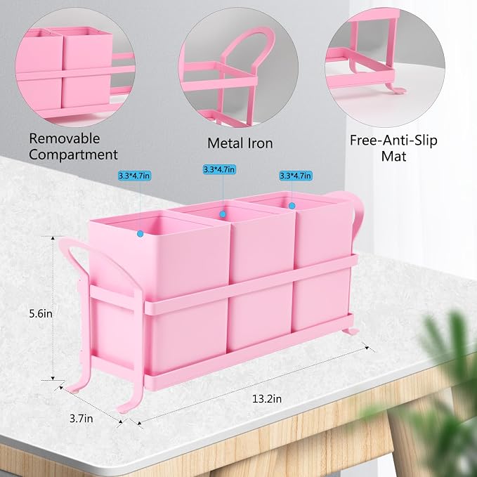 NelyBet Metal Silverware Caddy,3 Compartment Utensil Holder With Metal Rack,Utensil Caddy Flatware Cutlery Organizer for Countertop Party Picnic Camping Outdoor Pink - Image 3