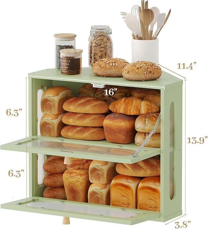 Corner Bread Box for Kitchen Countertop, 2026 New Double Layer Bamboo Bread Storage Bin, Large Bread Container for homemade bread (Green) - Image 9