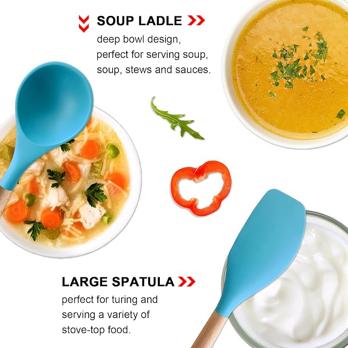 Silicone Kitchen Cooking Utensils Set, 5-Piece Non-Stick Silicone Kitchen Utensils Spatula Serving Spoons Turner Ladle Set w Wooden Handle Heat Resistant Cooking Gadgets for Nonstick Cookware - Image 5