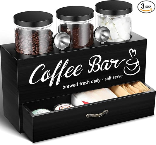 3 Pcs Coffee Bar Containers Set Include Coffee Sugar Container with Lid and Spoon and Double Layer Storage Box with Drawer for Bar Kitchen Countertop(Black) by Skybooly