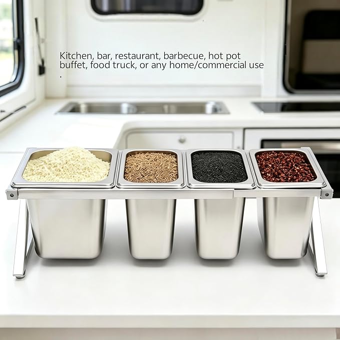 Telescoping Pizza Topping Station Container Food Prep Condiment Holder | Stainless Steel Container Set Spice Rack with 4 Pans & 4* Spoons & Lids, Food Truck Kitchen Buffet Pizza Oven Accessories - Image 4