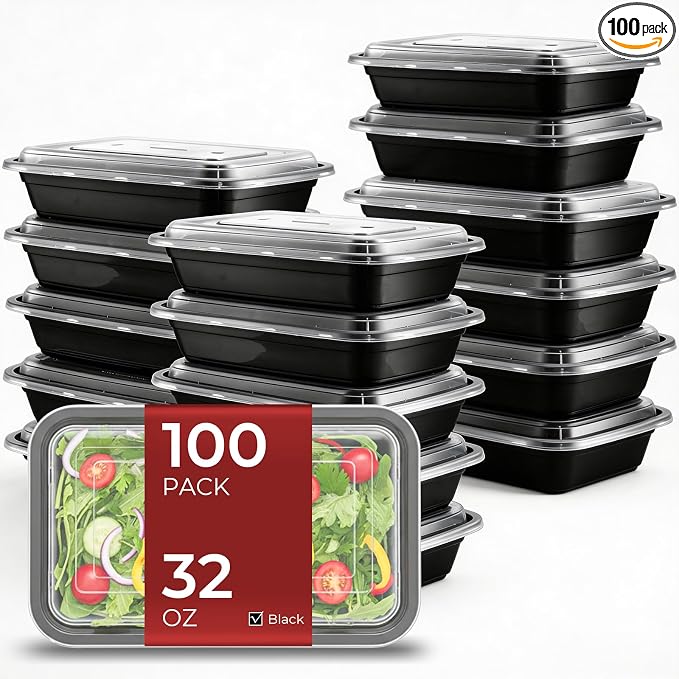 100 Pack (200-Piece) 32 oz Meal Prep Containers with Lids Reusable Food Storage Containers Sturdy Leakproof To Go Plastic Takeout Containers for Microwave, Freezer, Dishwasher Safe by Biocean