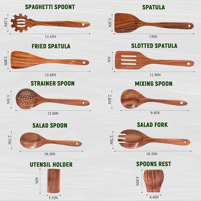 10 Pcs Teak Wooden Utensil Set, Wooden Spoons for Cooking | Non-Toxic & Nonstick Safe Kitchen Utensil, Durable Comfort Grip, Heat Resistant Wood Cookware with Holder and Spoon Rest - Image 4
