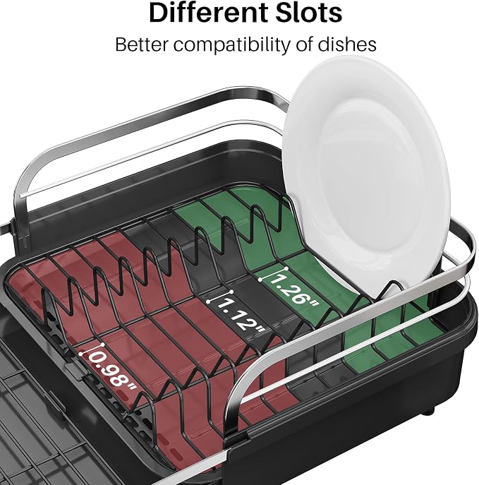 SNTD Expandable Dish Drying Rack for Kitchen Counter, 15.2-22.1 in, Black | Rust-Resistant Stainless Steel, Protective Side Rails, Self-Draining Drainboard, Removable Utensil Holder - Image 7