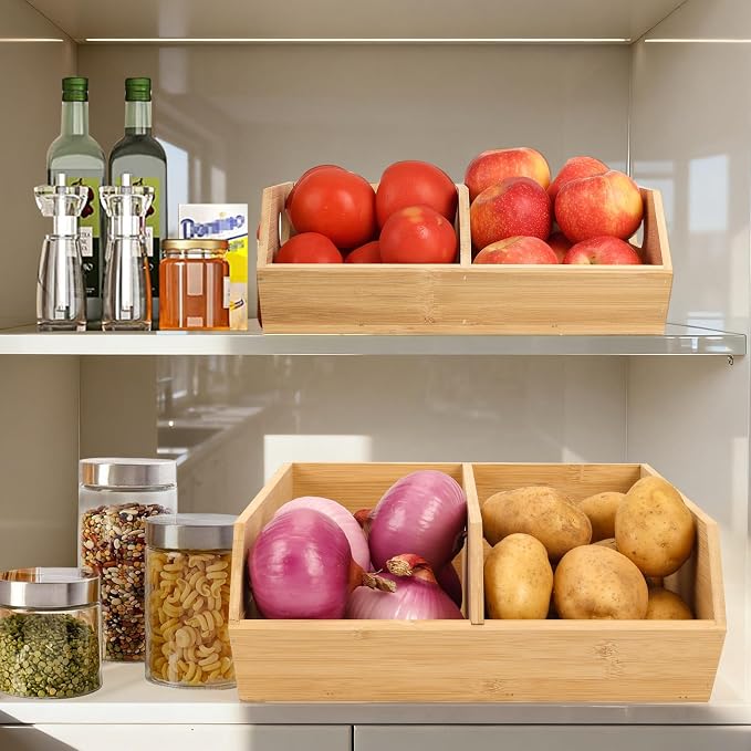 2 Set Pantry Organizers and Storage Bins, Bamboo Stackable Baskets for Potatoes, Onion, Bread, Vegetables - Bamboo Pantry Organizer Containers for Drawer, Cabinet, Countertop - Image 4