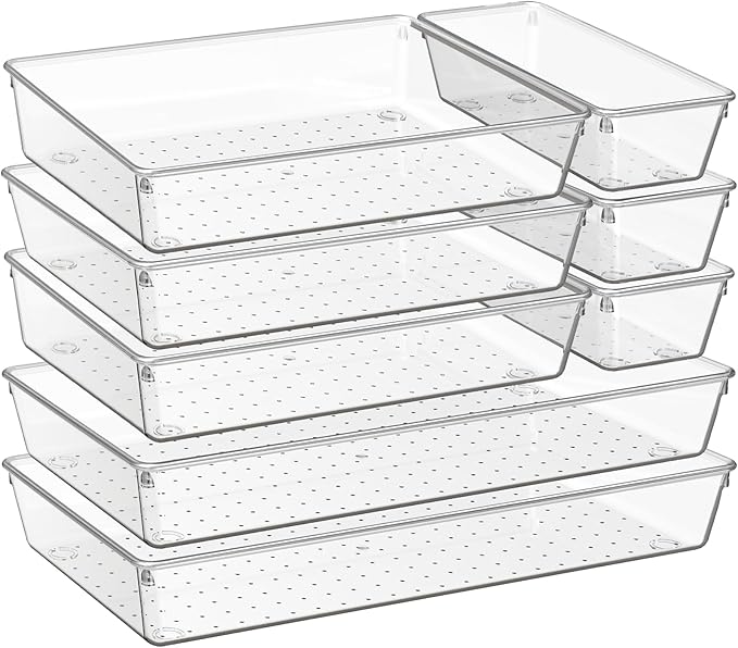 8 Pack Drawer Organizer for Kitchen Gadgets, Large Clear Plastic Drawer Divider for Kitchen Accessories, Bathroom Organizers and Storage, Home Essentials for Makeup and Vanity Accessories by Criusia